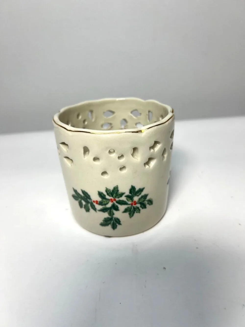 Vintage Christmas Holly Ceramic Votive Candle Holder Pierced Design 4